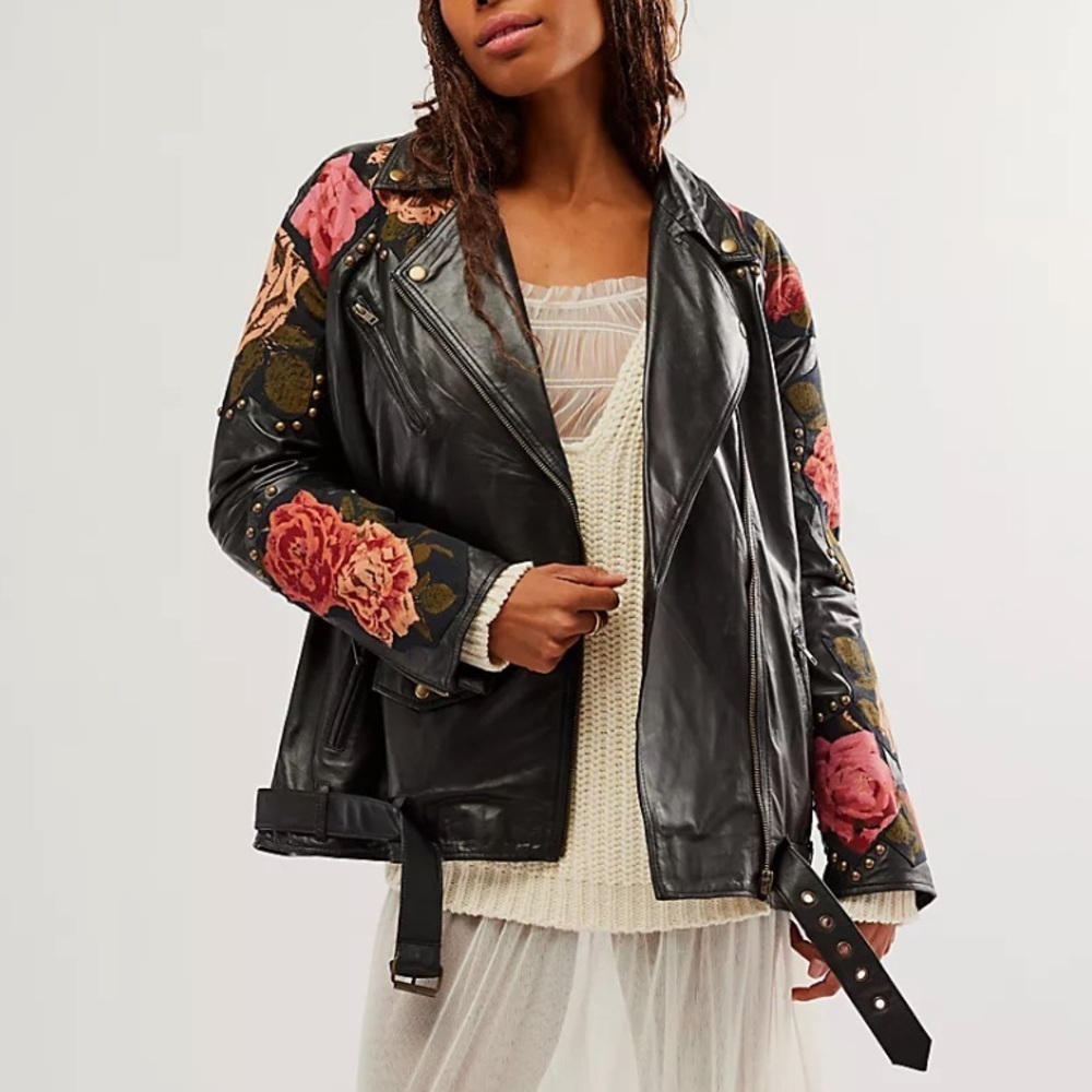 NWT Free People Rebel Rose Moto Jacket in Black Size Medium